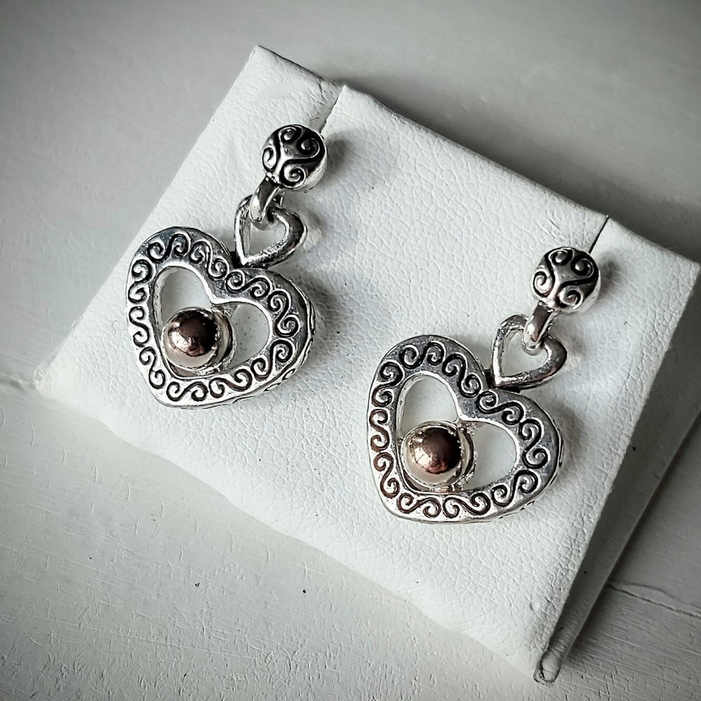 Two Tone Heart Dangle Post Earrings
